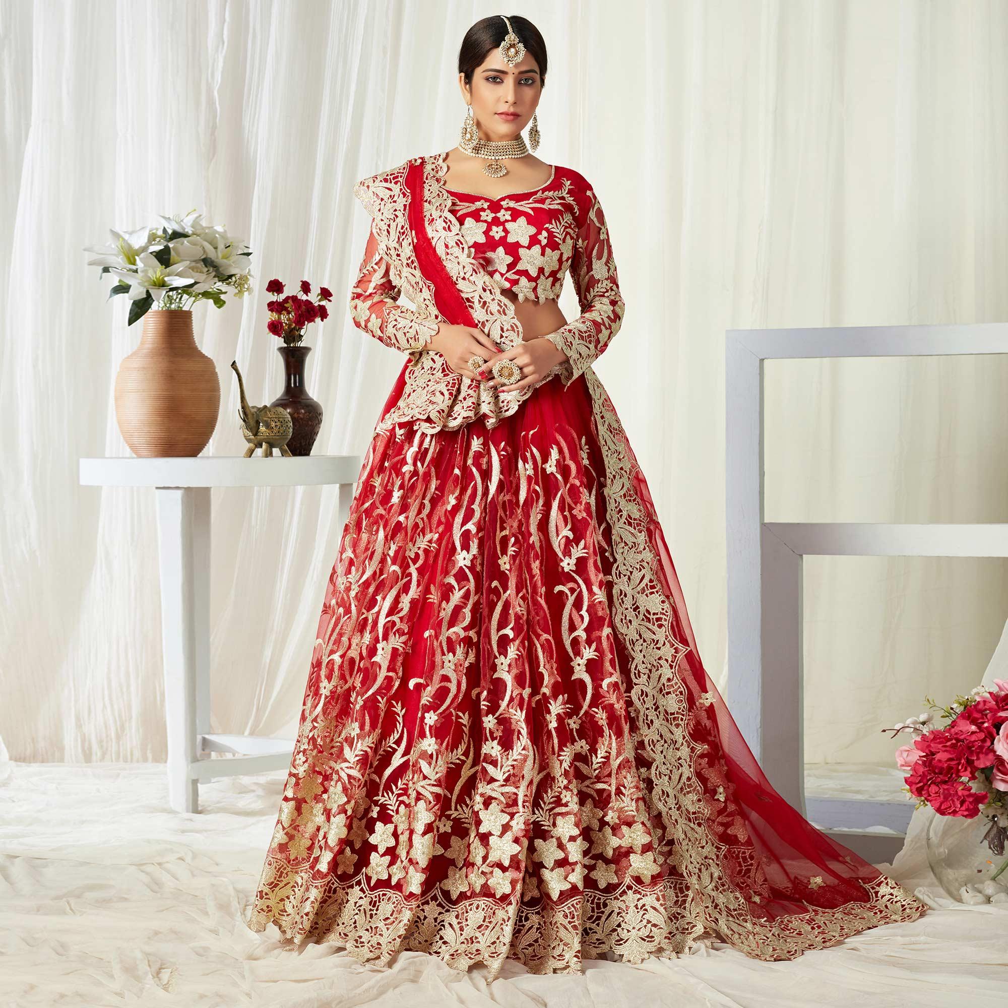 Adorning Red Colored Wedding Wear Butterfly Net With Embroidered Lehenga Choli - Peachmode