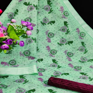 Adorning Sea Green Coloured Floral Print Casual Wear Striped Pattern Cotton Saree - Peachmode