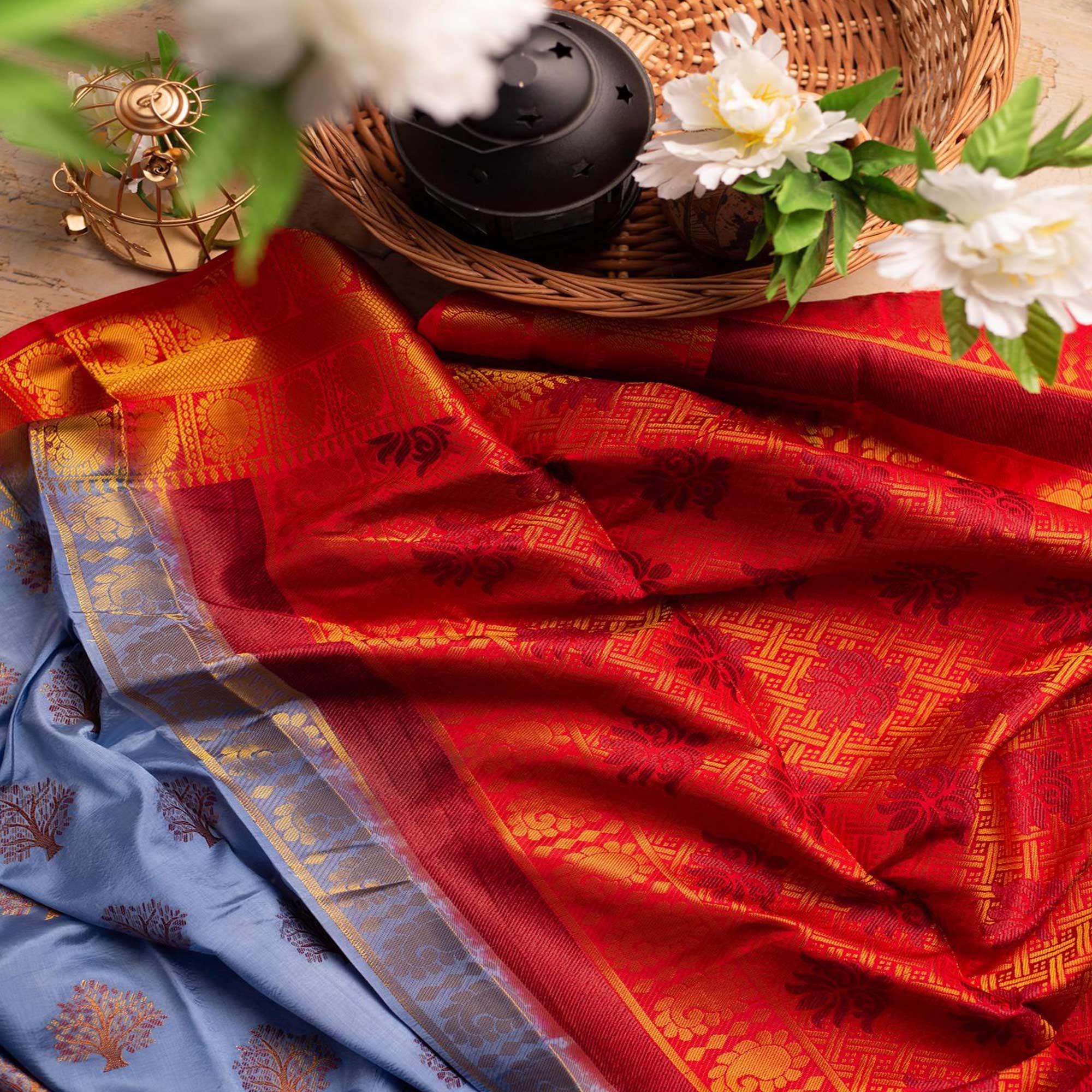 Adorning Sky Blue Colored Festive Wear Woven Art Silk Saree - Peachmode