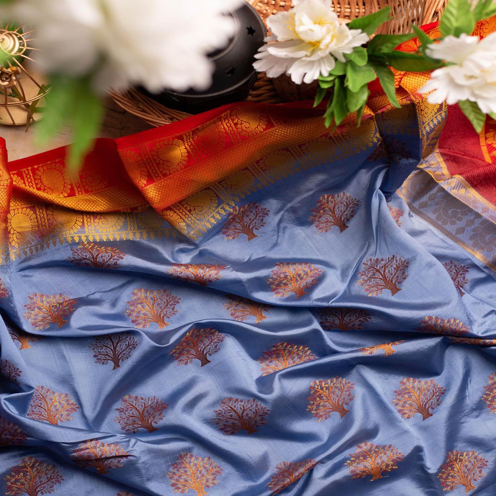 Adorning Sky Blue Colored Festive Wear Woven Art Silk Saree - Peachmode