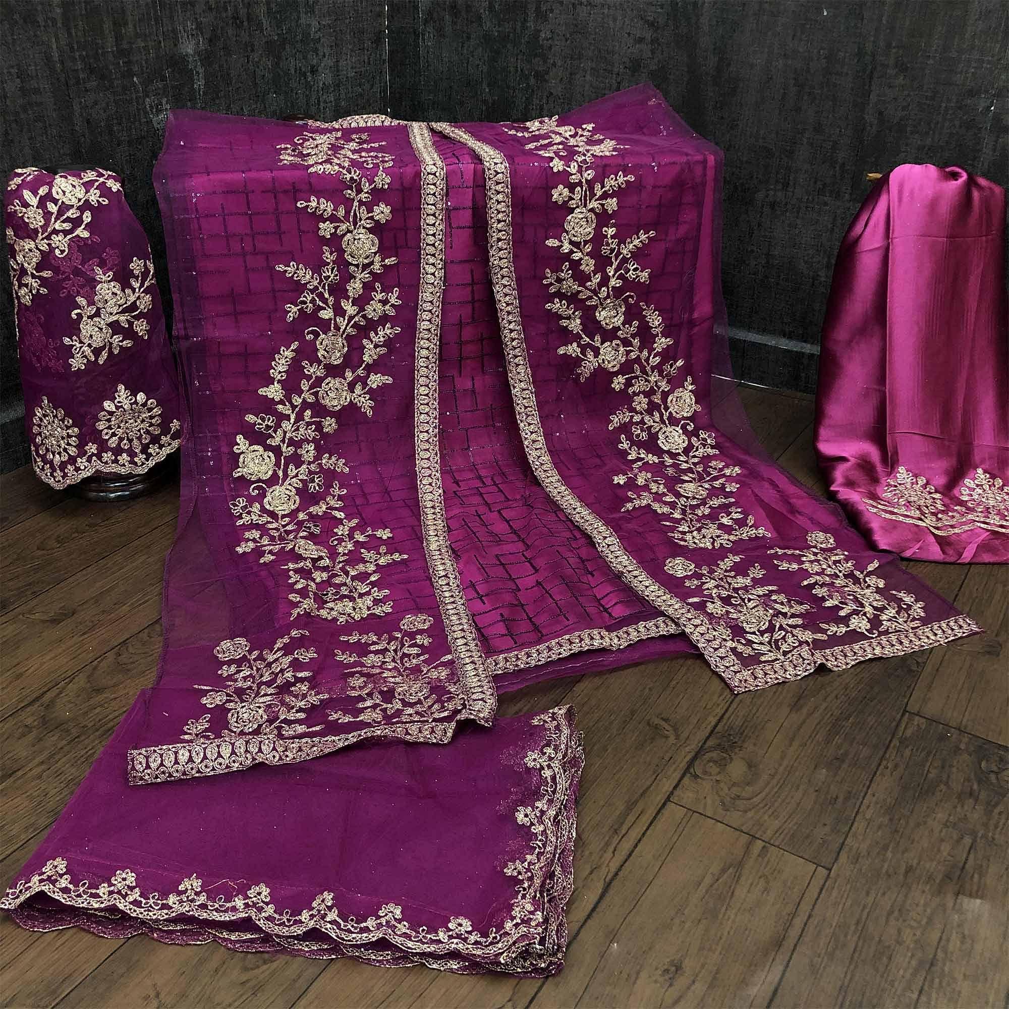 Adorning Wine Coloured Party Wear Floral Embroidered Butterfly Net Pakistani Straight Suit - Peachmode