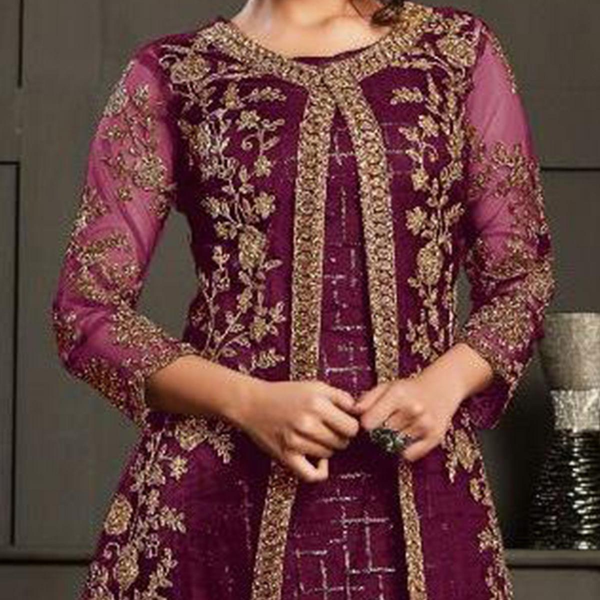 Adorning Wine Coloured Party Wear Floral Embroidered Butterfly Net Pakistani Straight Suit - Peachmode