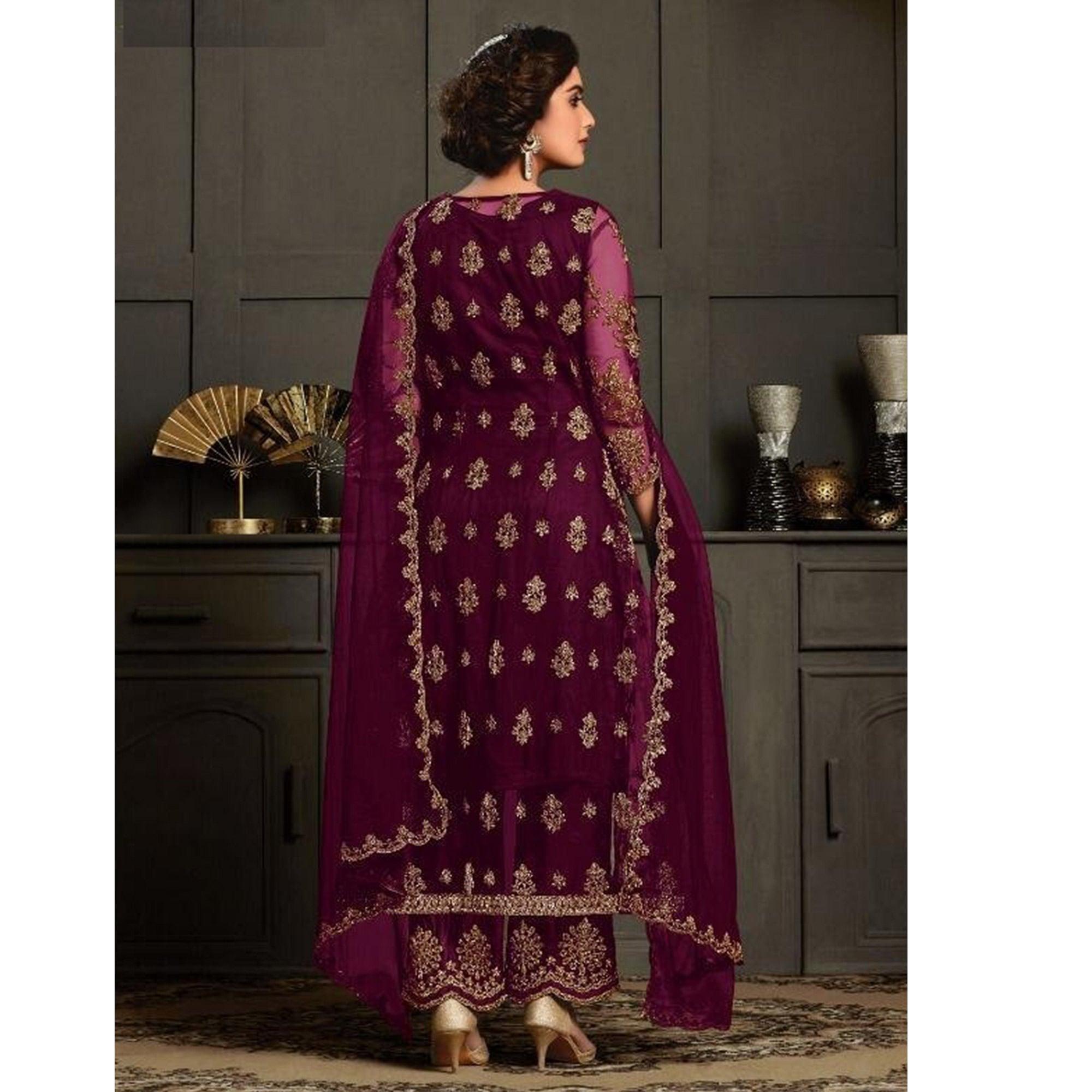 Adorning Wine Coloured Party Wear Floral Embroidered Butterfly Net Pakistani Straight Suit - Peachmode