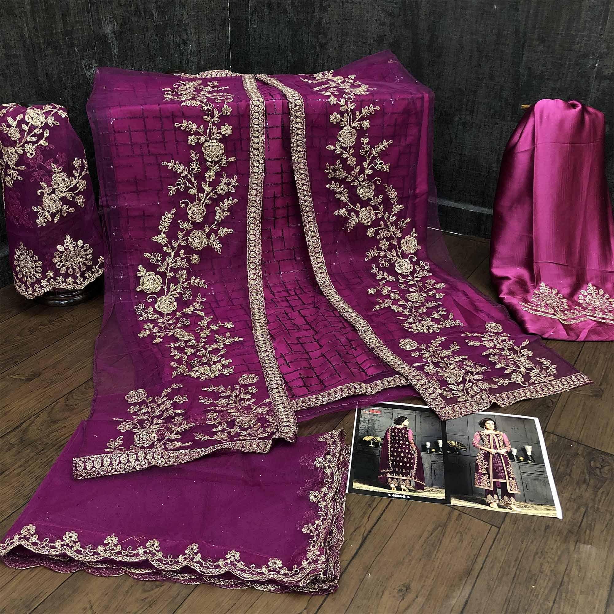 Adorning Wine Coloured Party Wear Floral Embroidered Butterfly Net Pakistani Straight Suit - Peachmode