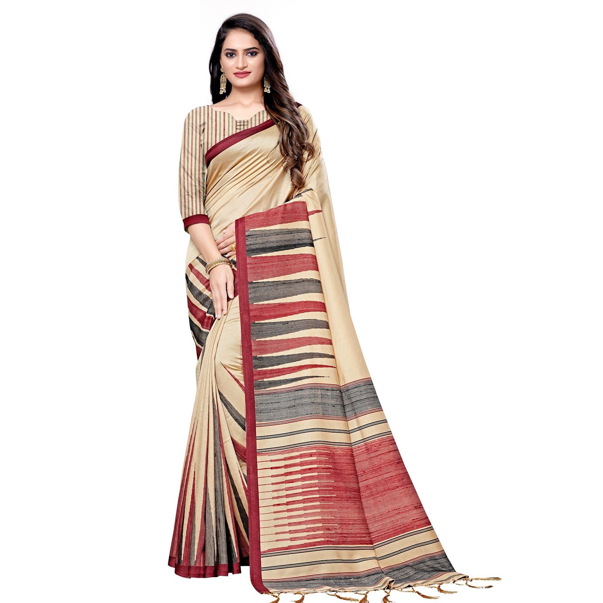 Alluring Beige Colored Casual Printed Art Silk Saree - Peachmode