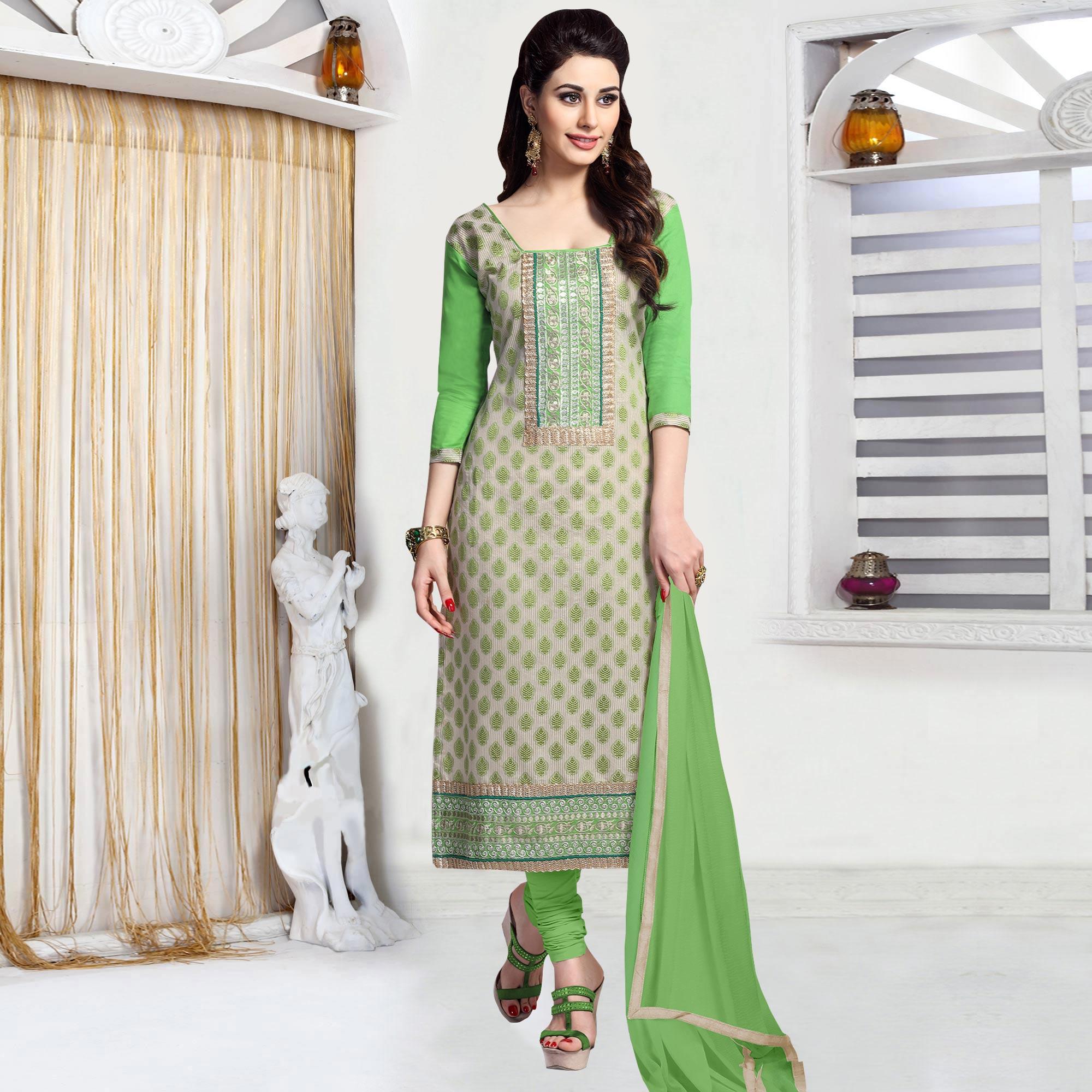 Alluring Beige - Green Colored Casual Wear Embroidered Cotton Dress Material - Peachmode