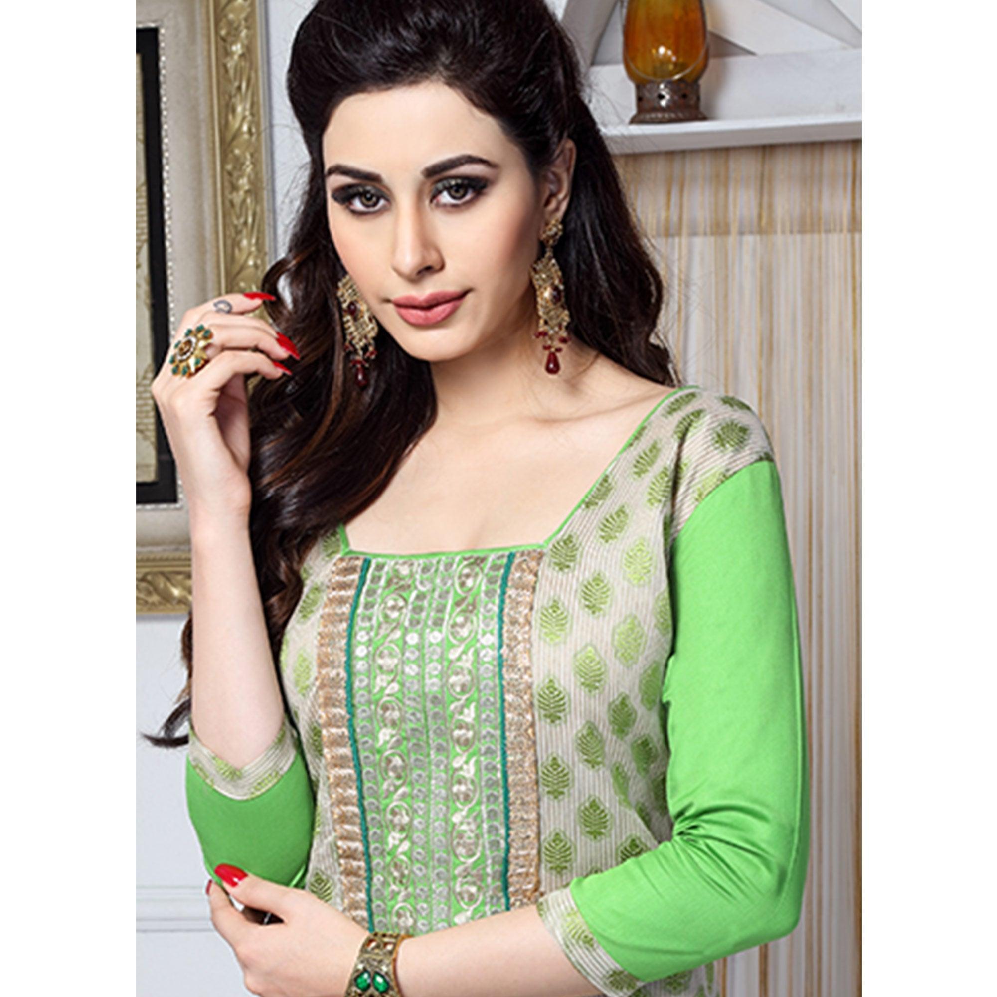 Alluring Beige - Green Colored Casual Wear Embroidered Cotton Dress Material - Peachmode