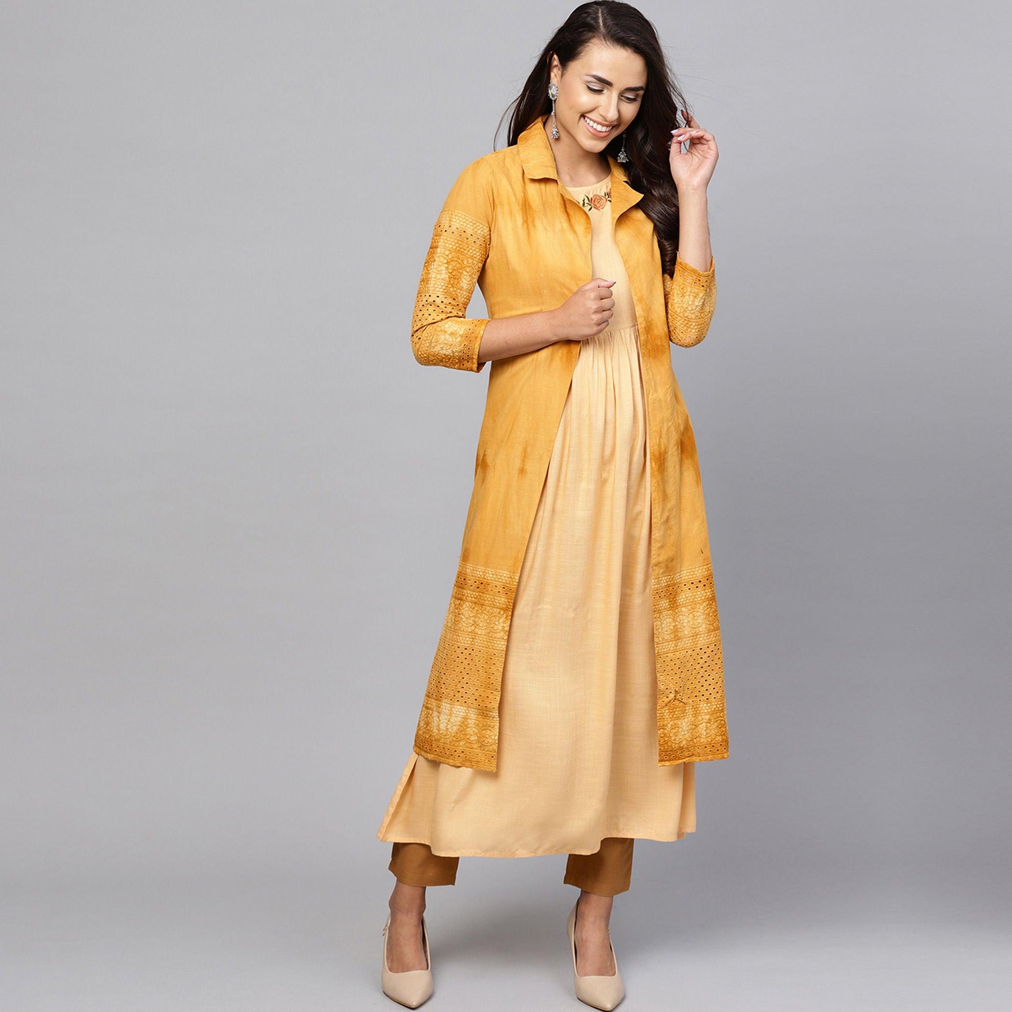 Alluring Beige-Mustard Yellow Colored Partywear Cotton Kurti - Peachmode