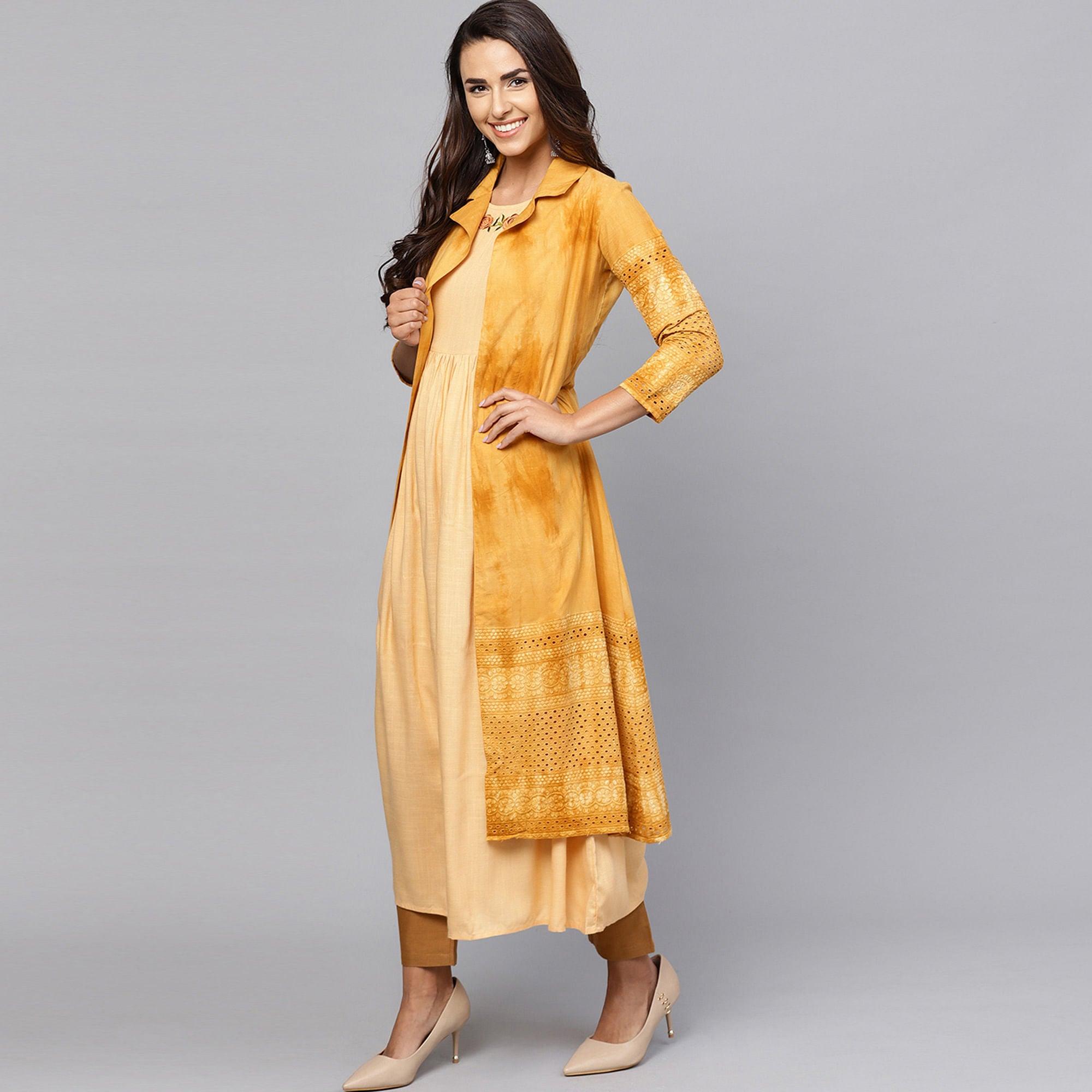 Alluring Beige-Mustard Yellow Colored Partywear Cotton Kurti - Peachmode