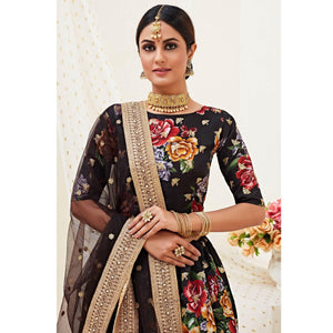 Alluring Black Colored Designer Wedding Wear Floral Printed Banglori Satin Lehenga Choli - Peachmode