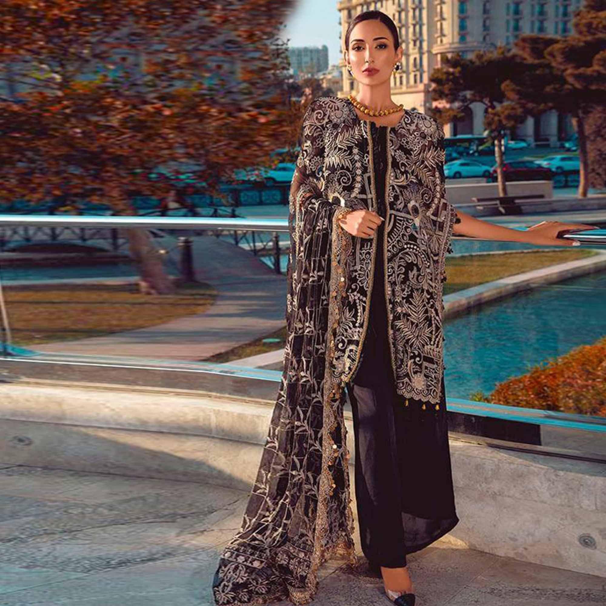 Alluring Black Colored Partywear Embroidered Net Jacket Style Palazzo Suit - Peachmode
