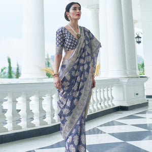 Alluring Blue Colored Festive Wear Woven Chanderi Saree - Peachmode