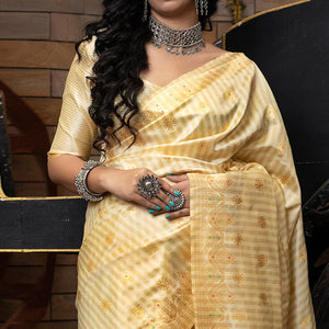 Alluring Cream Colored Festive Wear Woven Banarasi Silk Saree - Peachmode