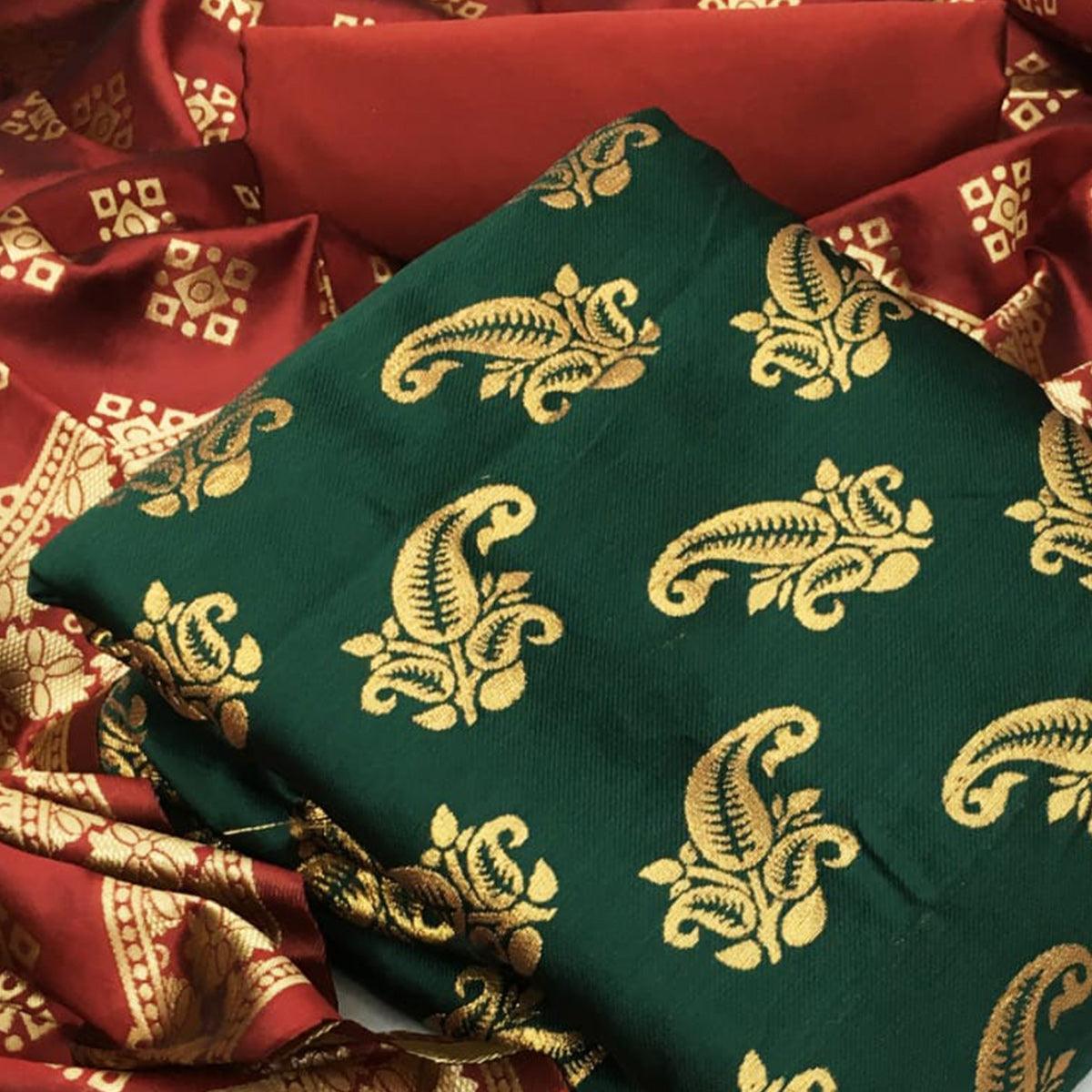 Alluring Green Colored Casual Wear Woven Banarasi Silk Dress Material - Peachmode