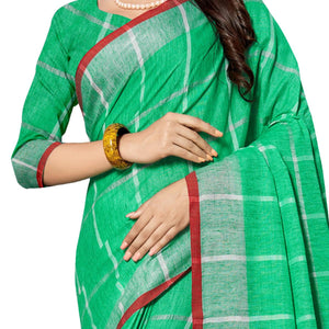 Alluring Green Colored Fesive Wear Stripe Print Cotton Silk Saree With Tassels - Peachmode