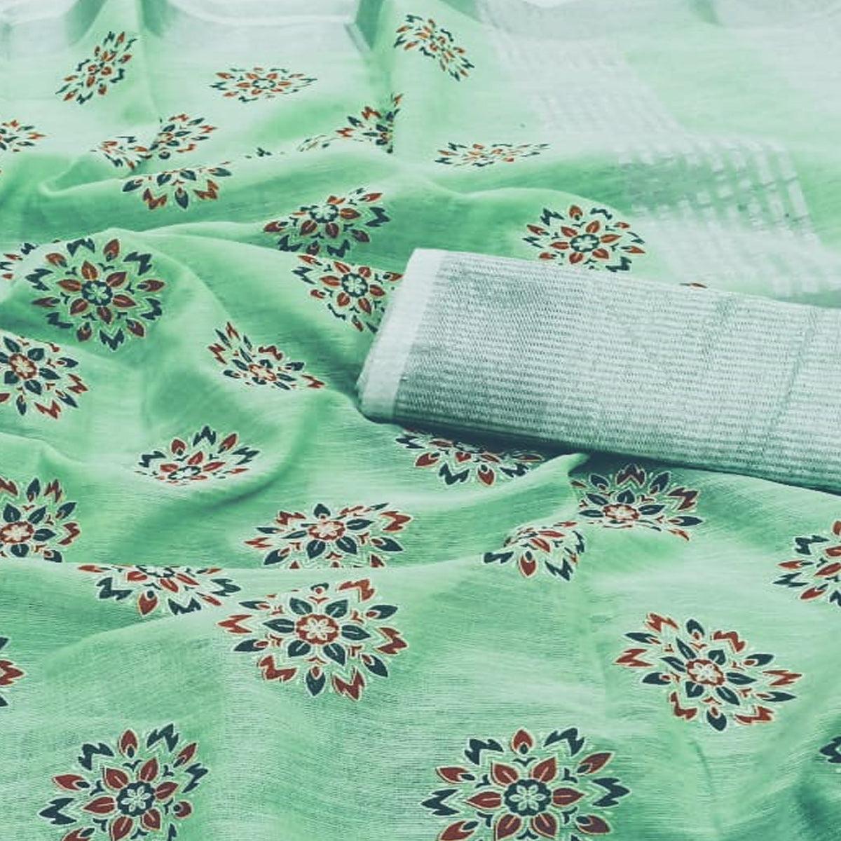 Alluring Green Colored Partywear Block Printed Pure Linen Saree - Peachmode