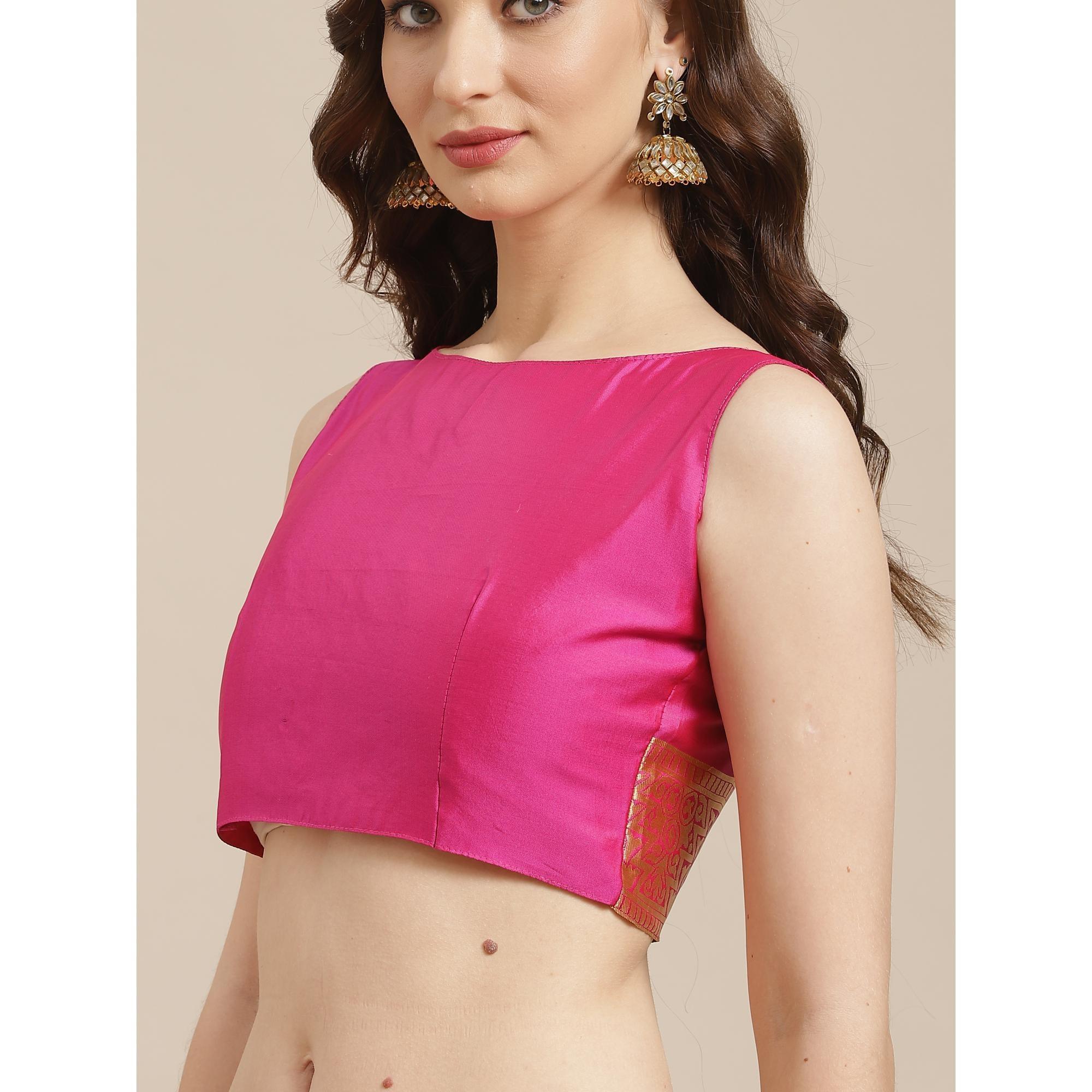 Alluring Green - Pink Colored Festive Wear Woven Silk Blend Saree - Peachmode