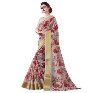 Alluring Light Brown Colored Partywear Digital Printed Linen Saree - Peachmode
