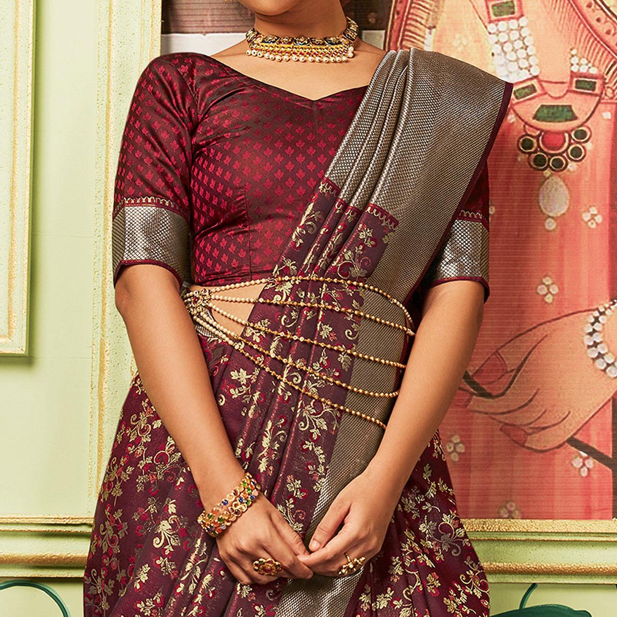 Alluring Maroon Colored Festive Wear Woven Banarasi Silk Saree - Peachmode