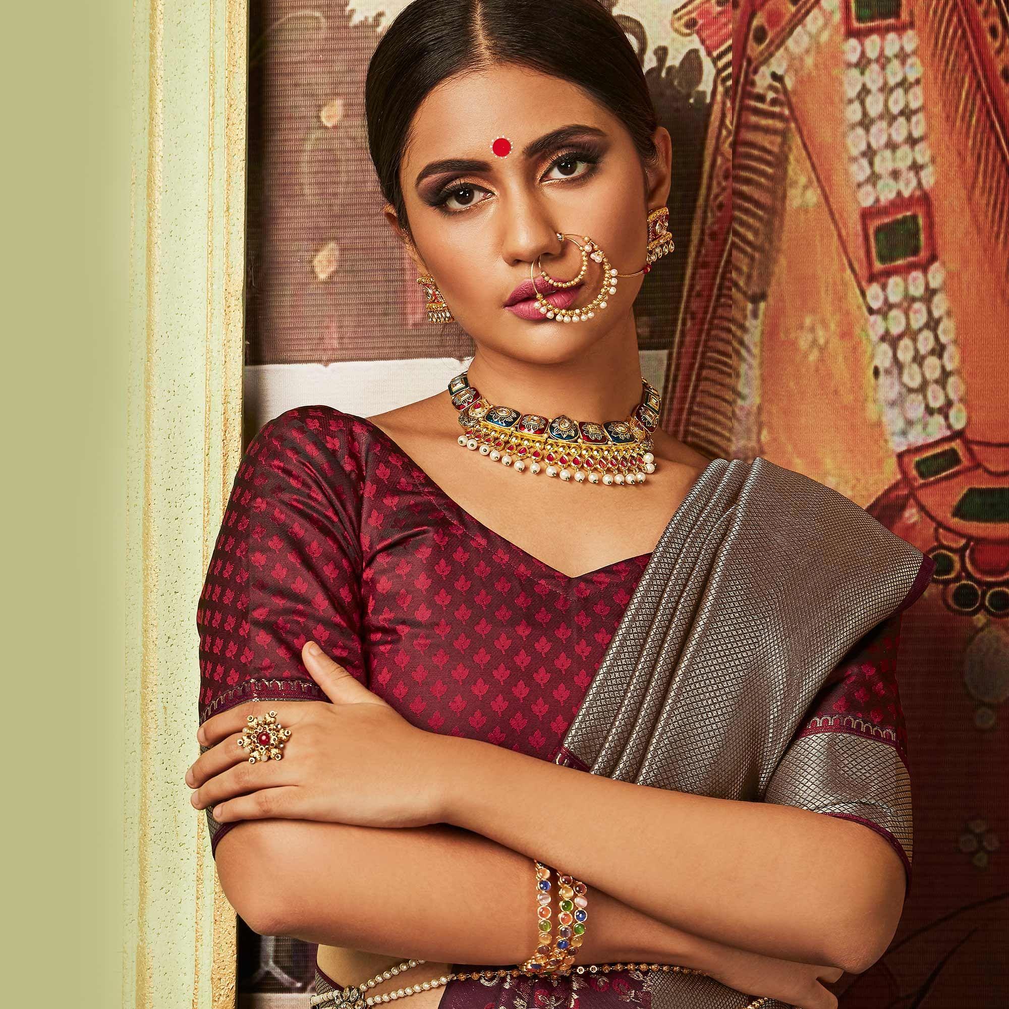 Alluring Maroon Colored Festive Wear Woven Banarasi Silk Saree - Peachmode