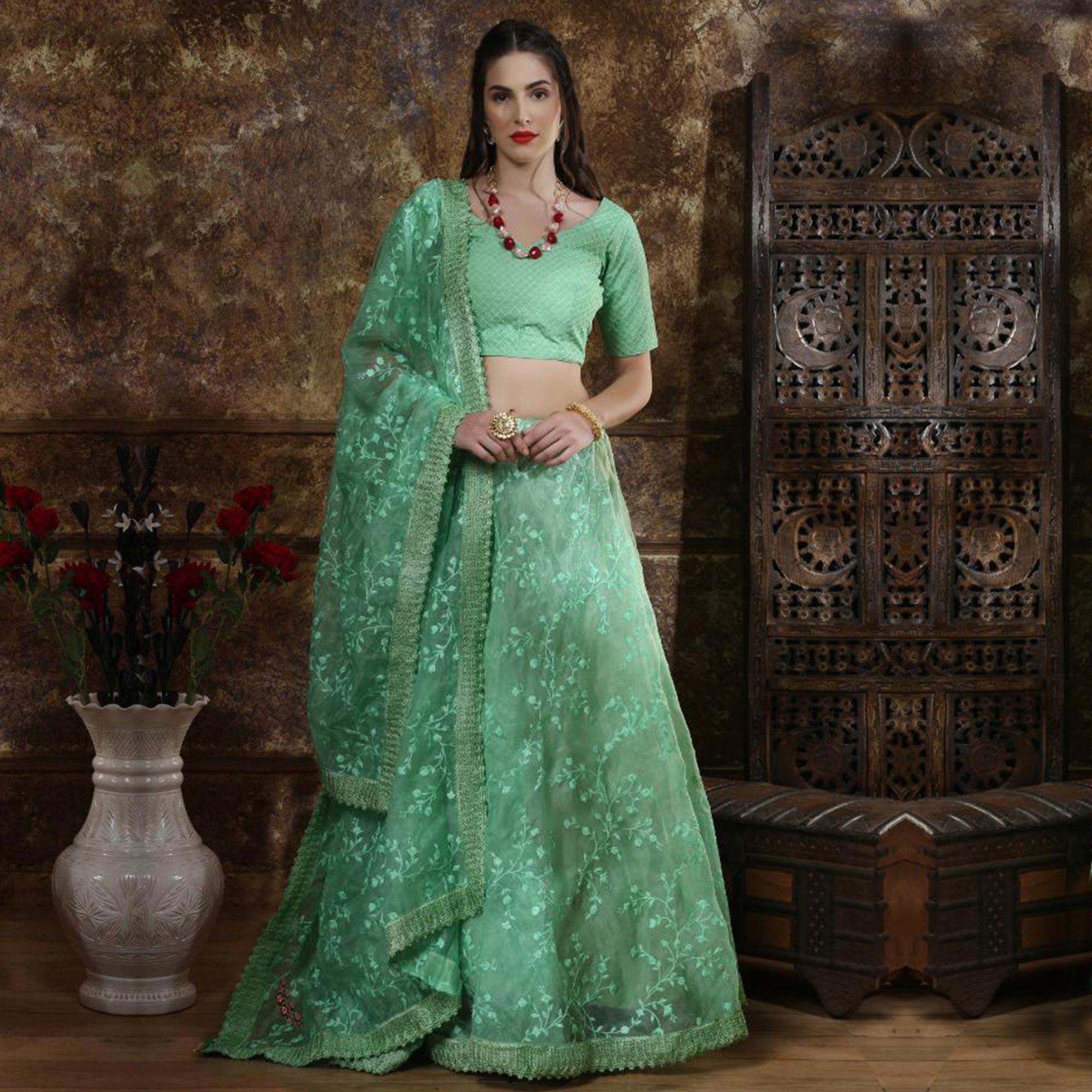 Alluring Mint Green Colored Party Wear Embrodiered Organza Lehenga Choli - Peachmode