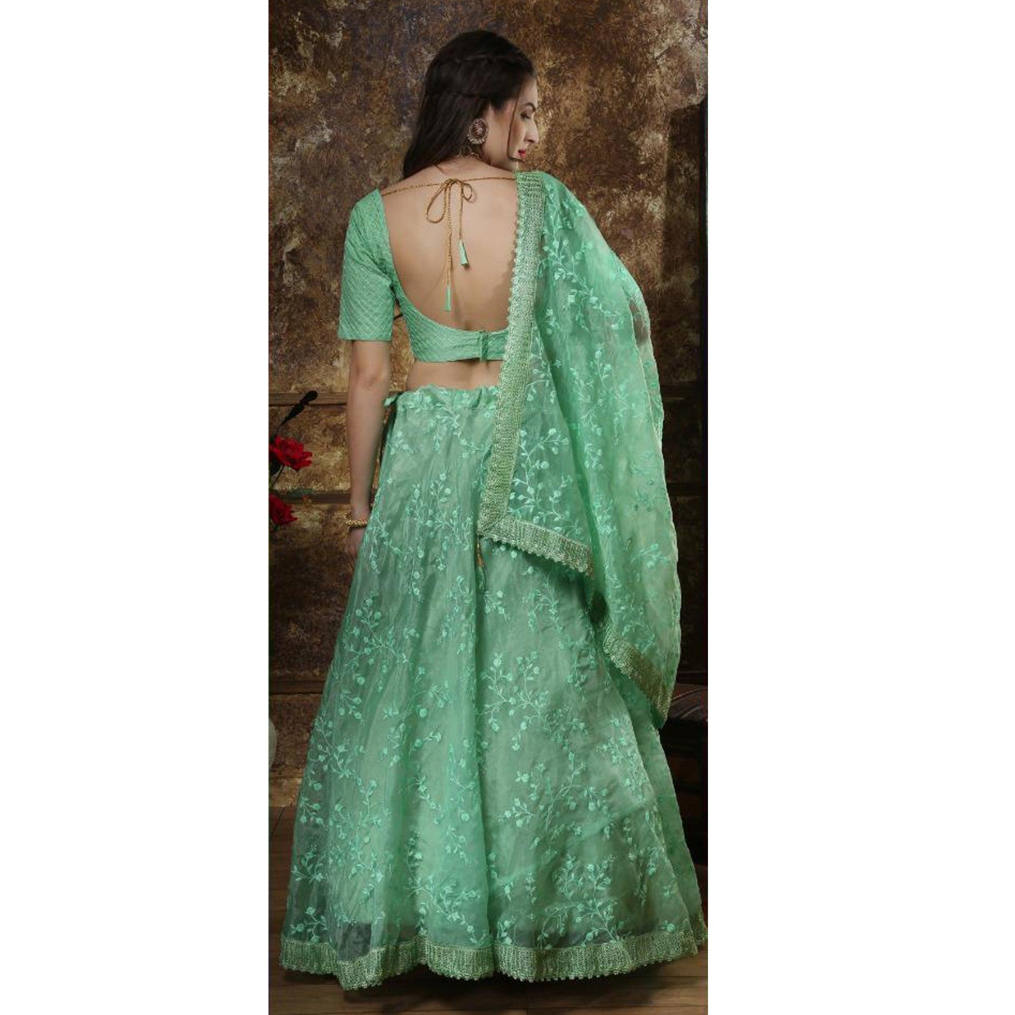 Alluring Mint Green Colored Party Wear Embrodiered Organza Lehenga Choli - Peachmode
