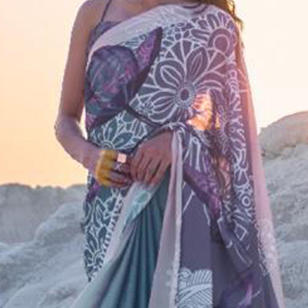 Alluring Multi Colored Partywear Digital Printed Japan Satin Crepe Saree - Peachmode