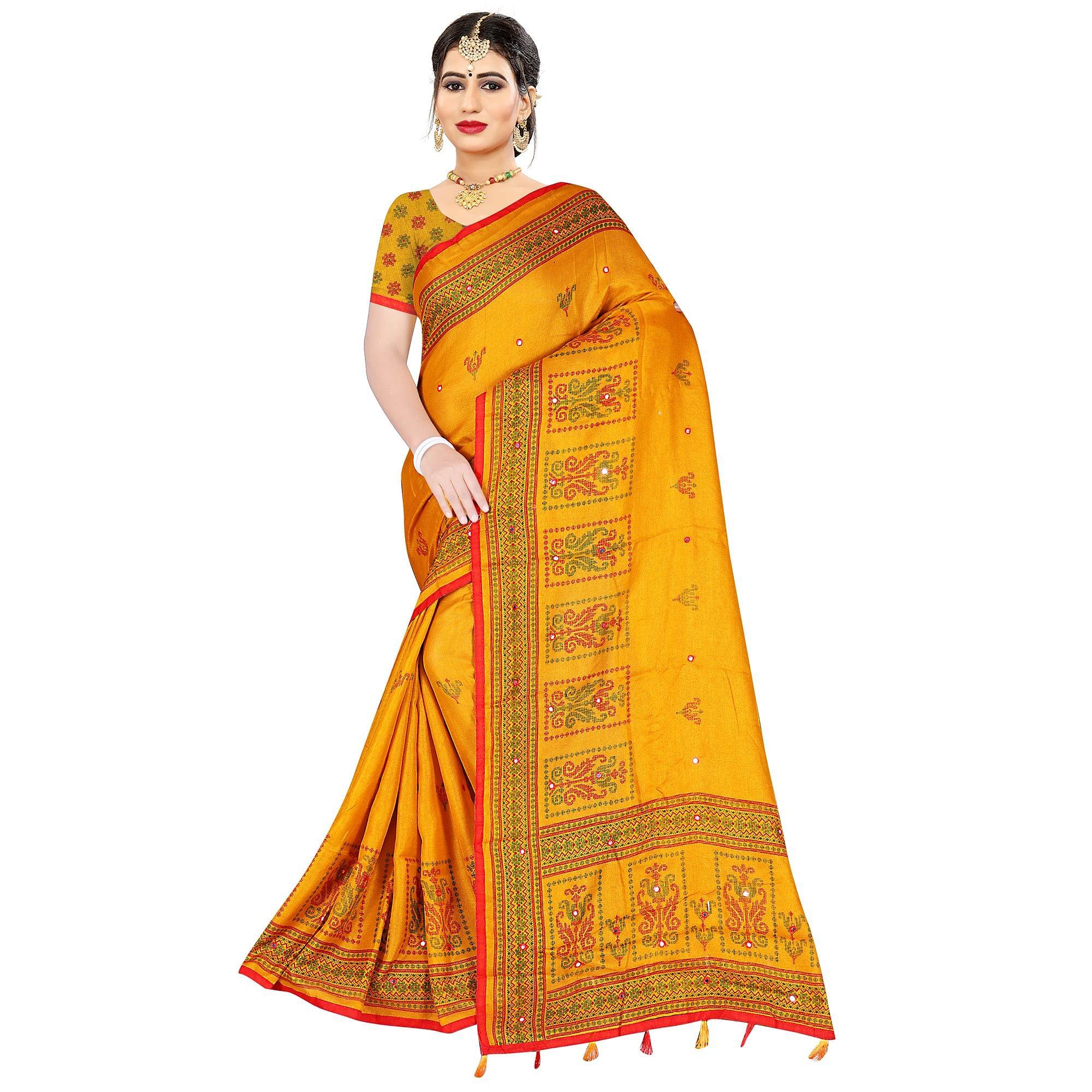Alluring Mustard Coloured Casual Wear Printed Cotton Jute Saree - Peachmode