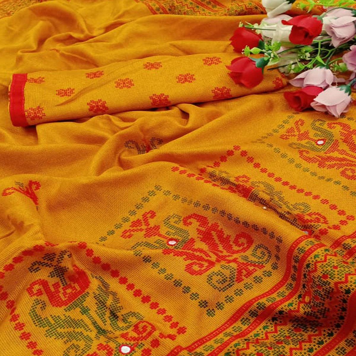 Alluring Mustard Coloured Casual Wear Printed Cotton Jute Saree - Peachmode
