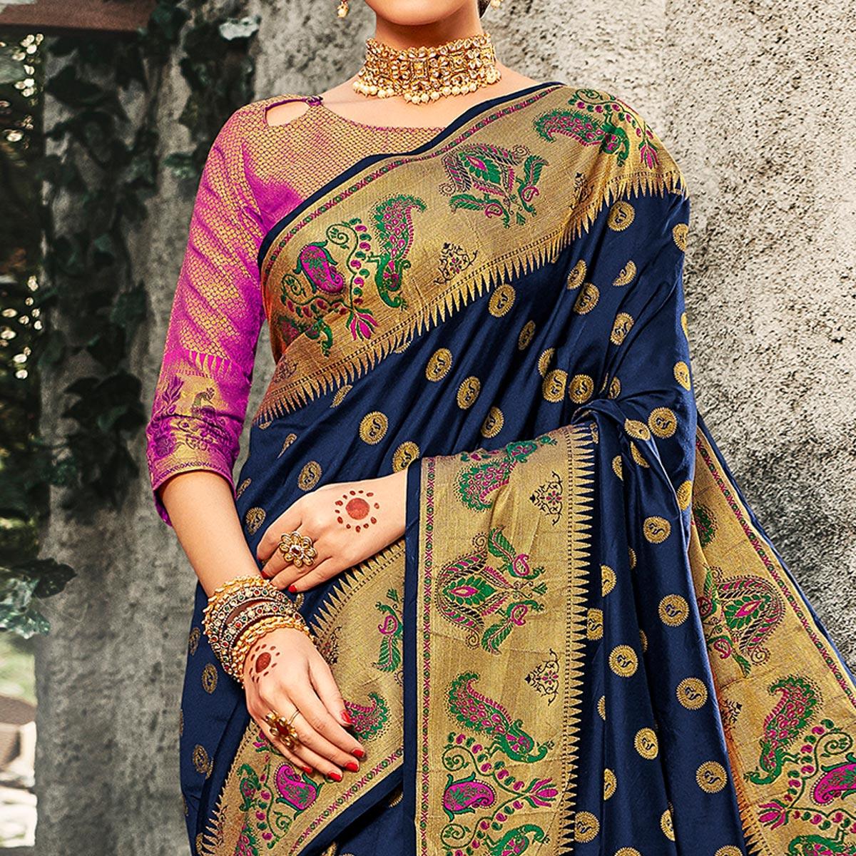 Alluring Navy Blue Coloured Woven Festive Wear Banarasi Silk Saree - Peachmode