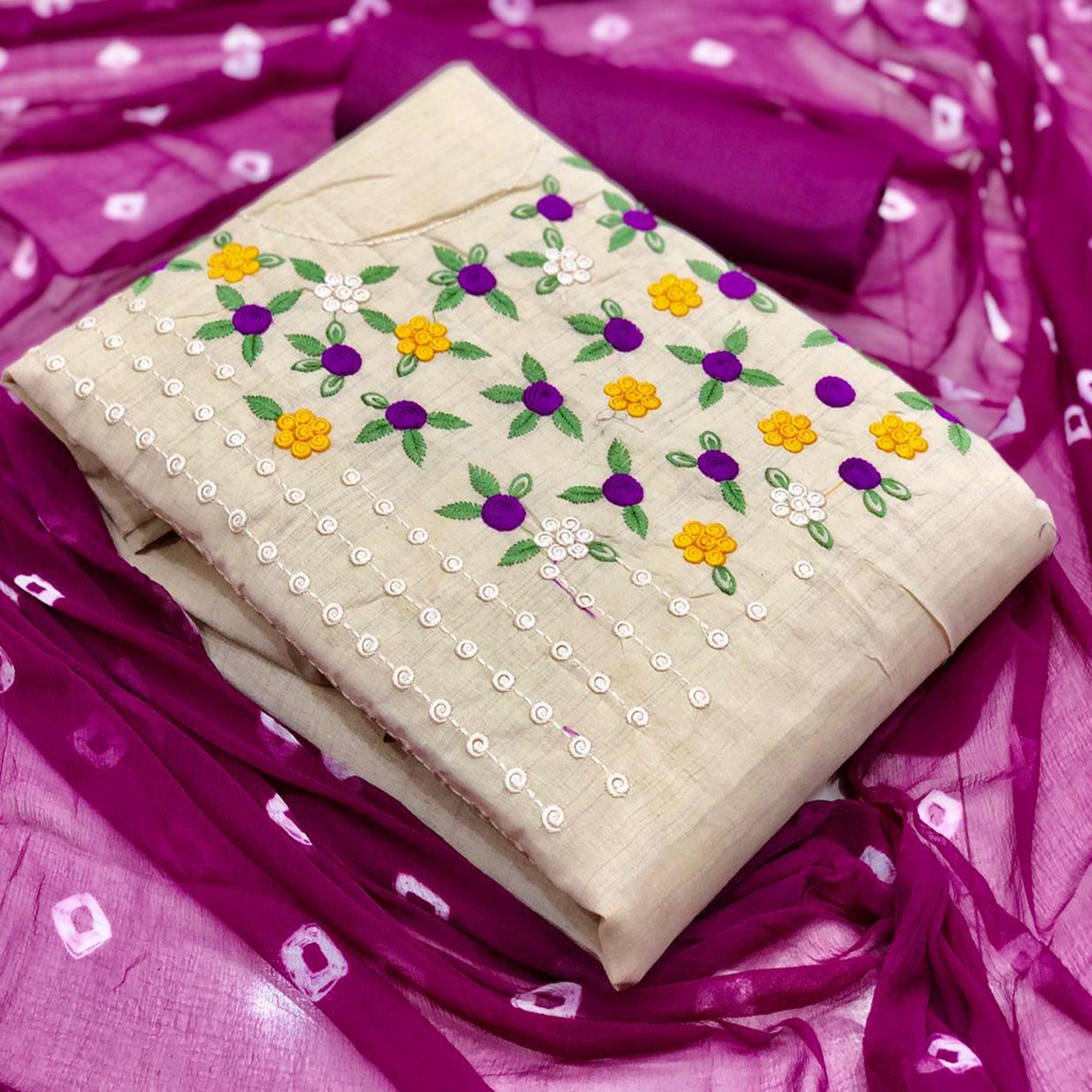 Alluring Offwhite - Wine Colored Casual Wear Embroidered Cotton Dress Material - Peachmode