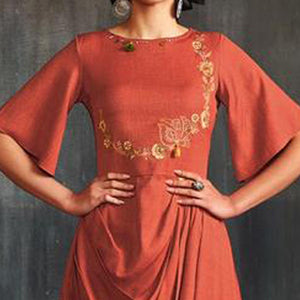 Alluring Orange Colored Partywear Embroidered Viscose-Silk Long Kurti - Peachmode
