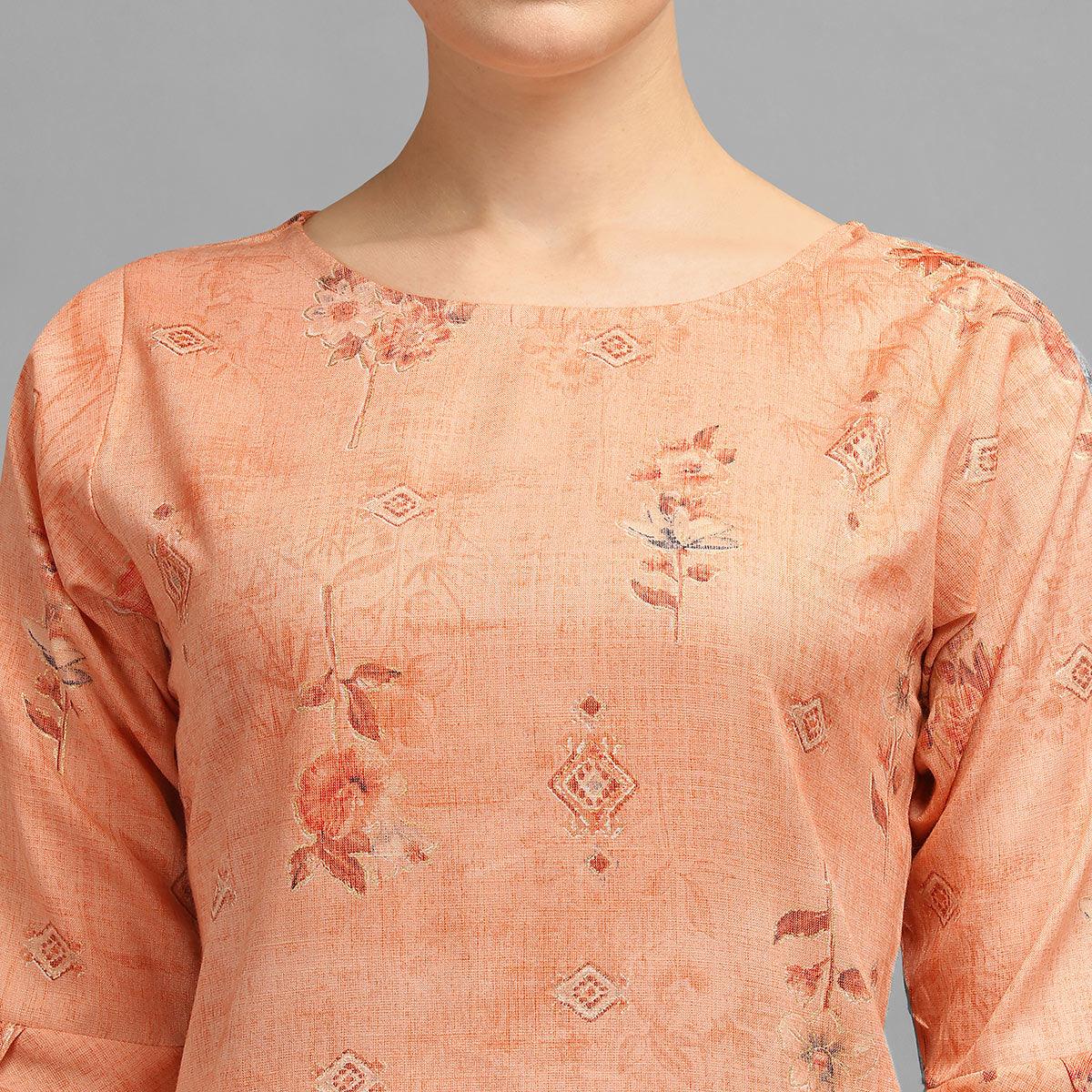 Alluring Peach Colored Casual Wear Foil Printed Rayon Top - Peachmode