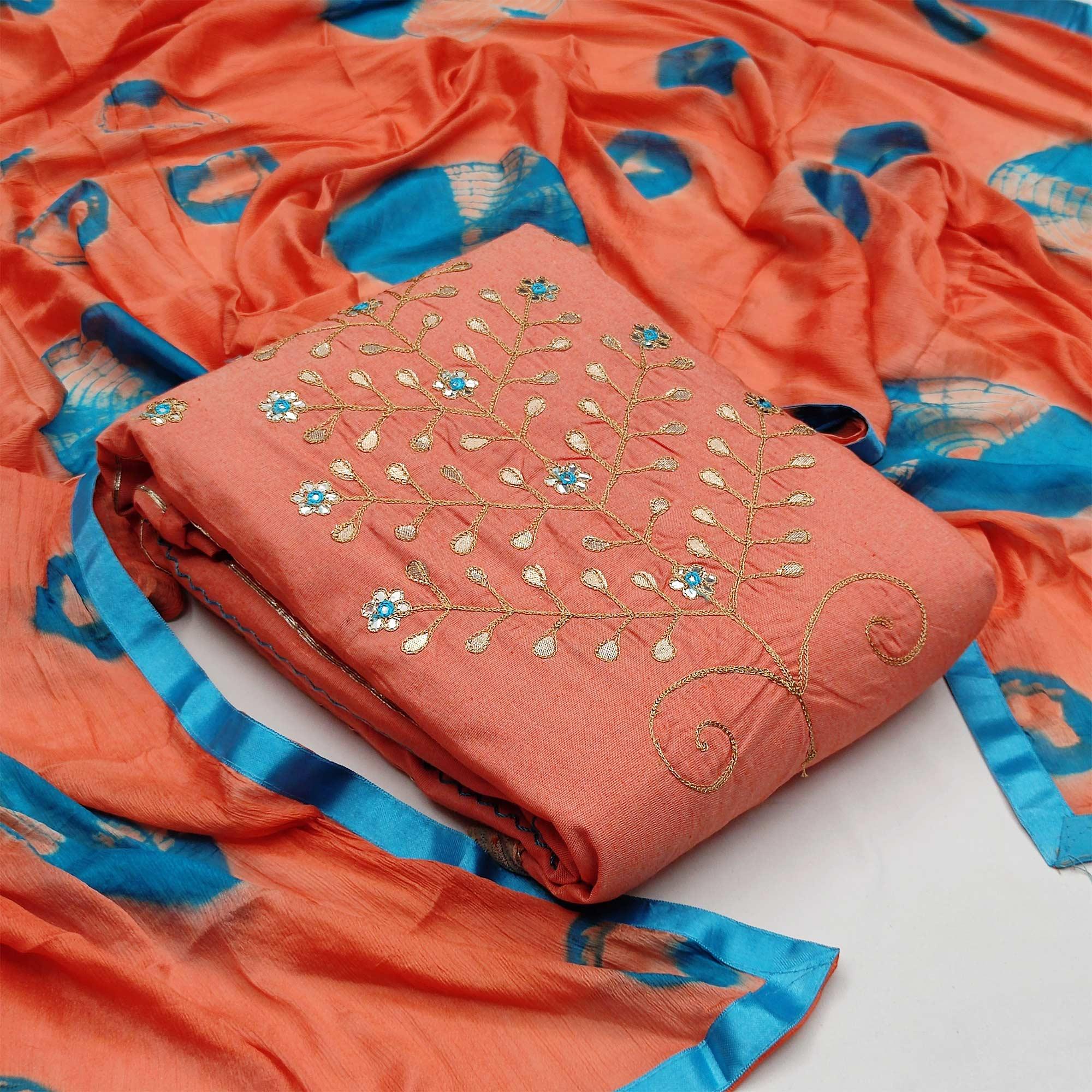 Alluring Peach Colored Festive Wear Embroidered Handloom Cotton Dress Material - Peachmode