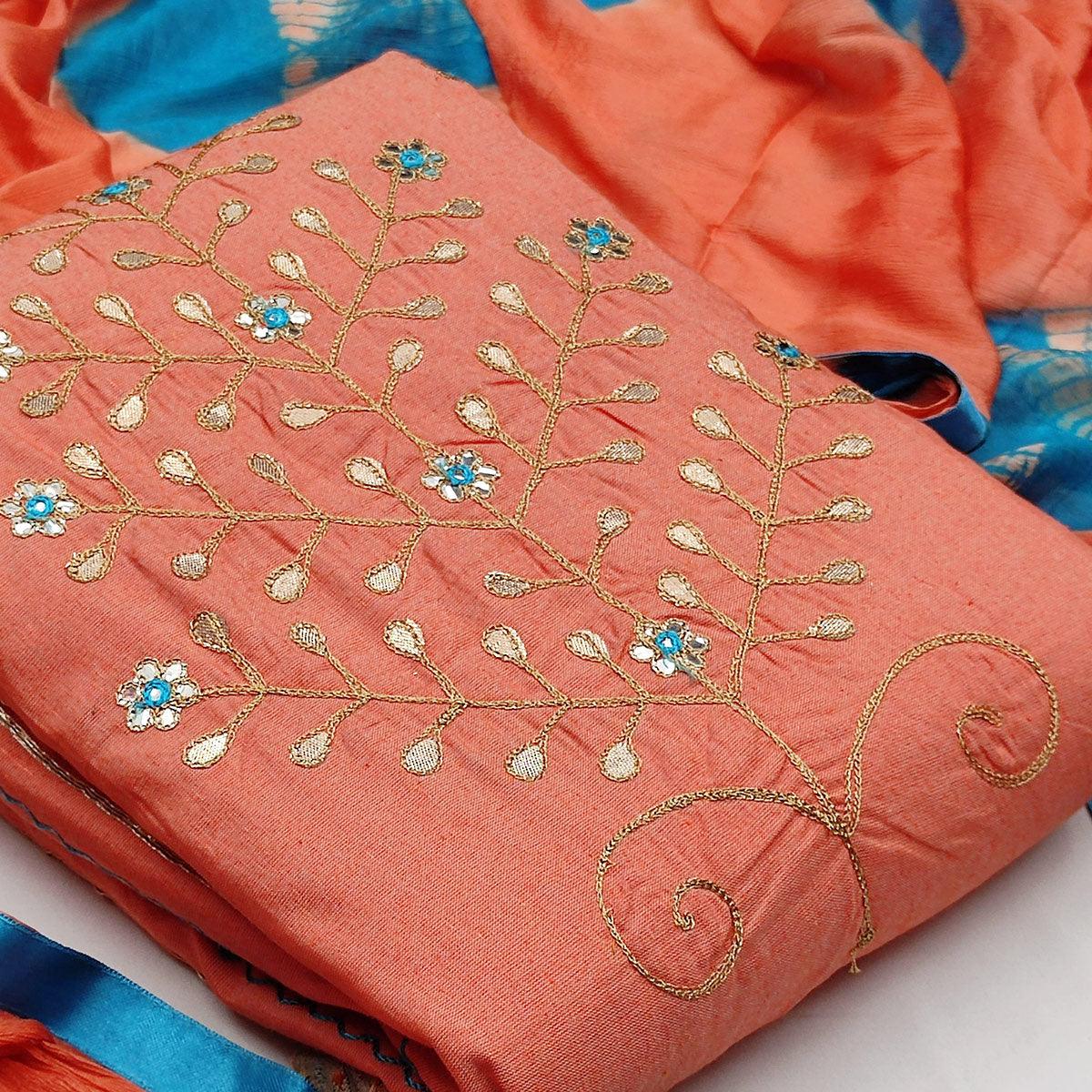 Alluring Peach Colored Festive Wear Embroidered Handloom Cotton Dress Material - Peachmode