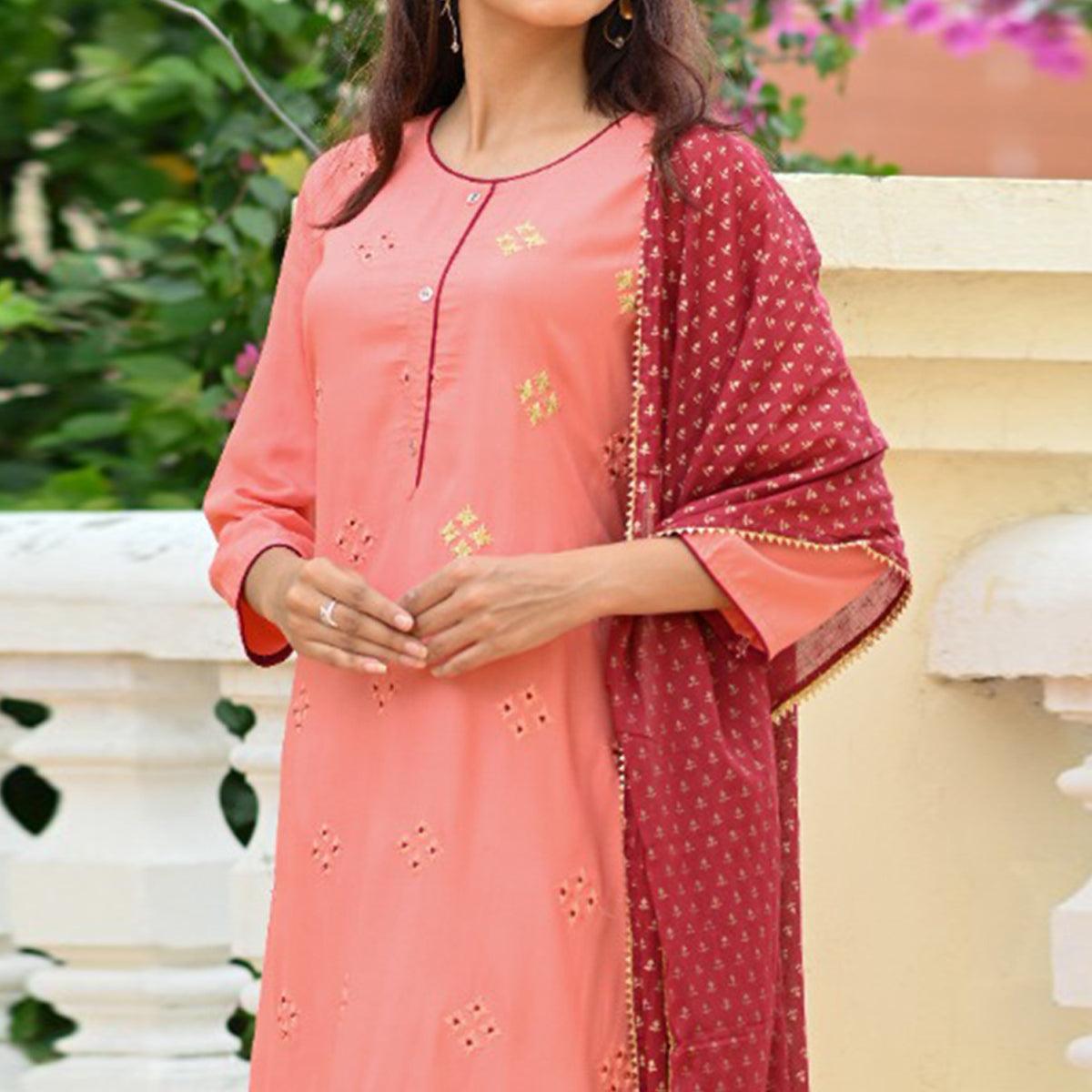 Alluring Peach Colored Partwear Foil Printed Rayon Kurti-Palazzo Set With Dupatta - Peachmode