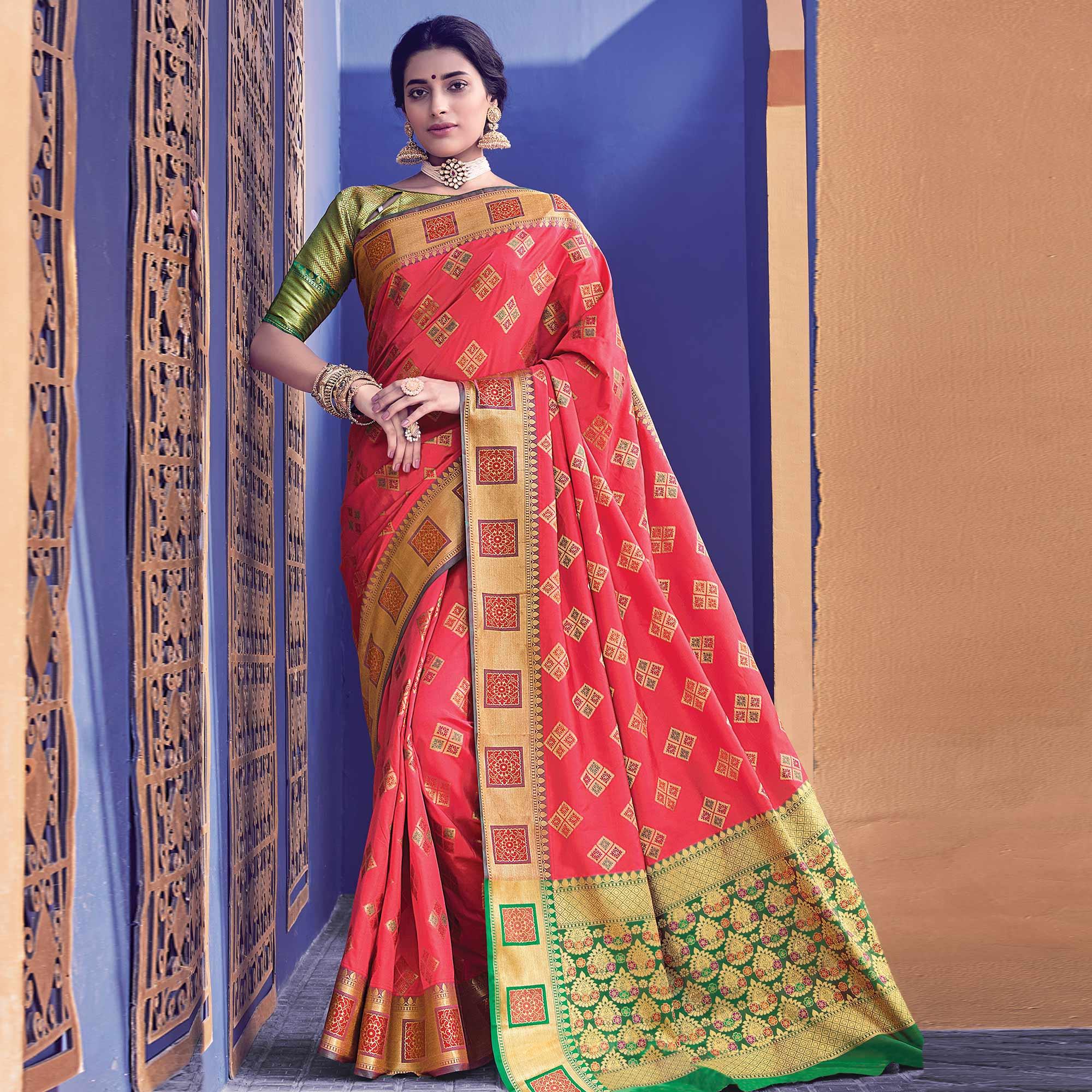 Alluring Pink Colored Festive Wear Woven Heavy Banarasi Silk Saree - Peachmode
