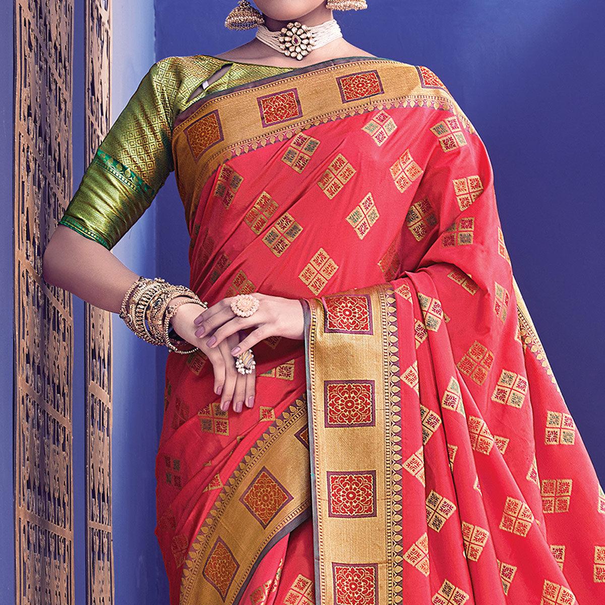 Alluring Pink Colored Festive Wear Woven Heavy Banarasi Silk Saree - Peachmode