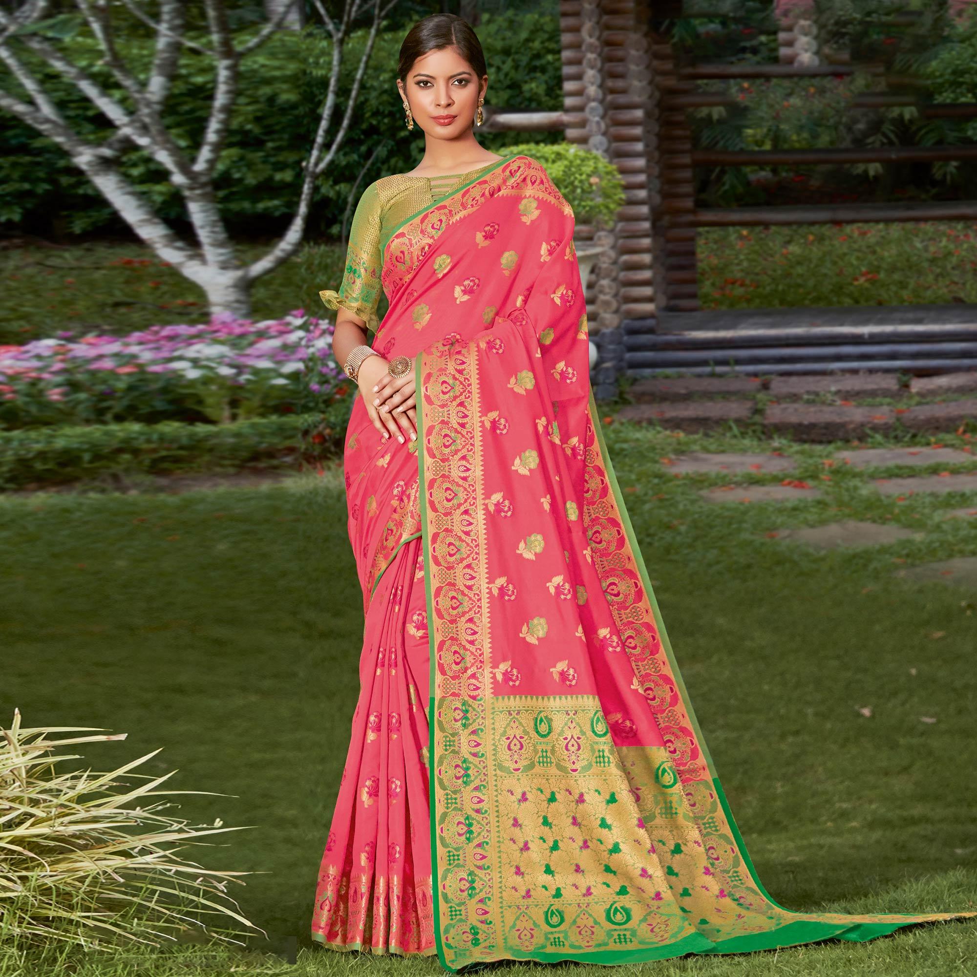 Alluring Pink Colored Festive Wear Woven Heavy Banarasi Silk Sareee - Peachmode