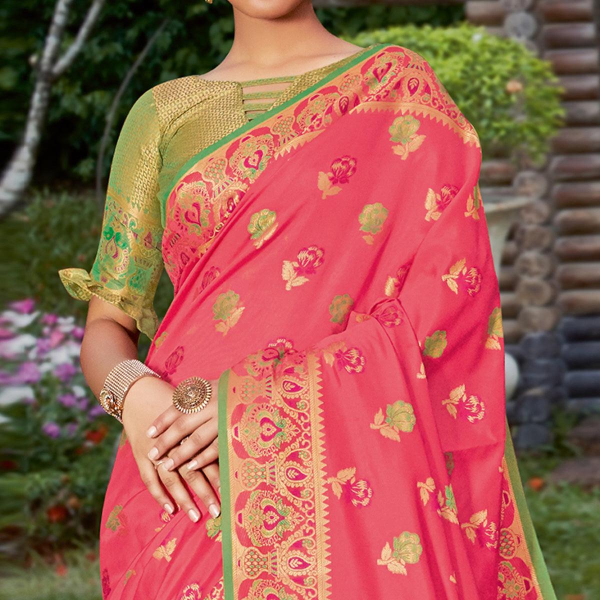 Alluring Pink Colored Festive Wear Woven Heavy Banarasi Silk Sareee - Peachmode
