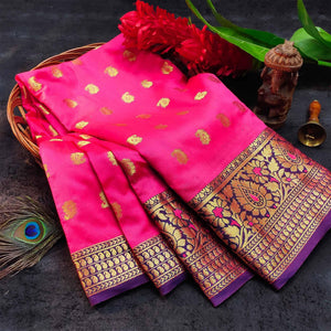 Alluring Pink Colored Festive Wear Woven Kanjivaram Silk Saree - Peachmode