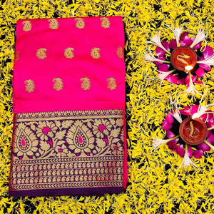 Alluring Pink Colored Festive Wear Woven Kanjivaram Silk Saree - Peachmode