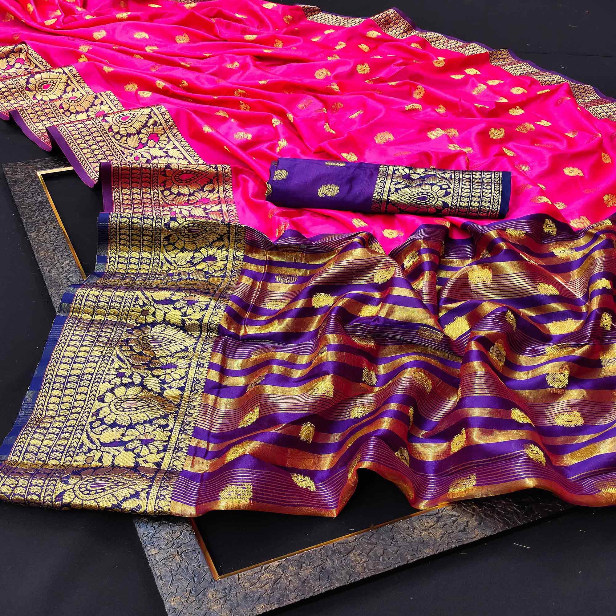 Alluring Pink Colored Festive Wear Woven Kanjivaram Silk Saree - Peachmode