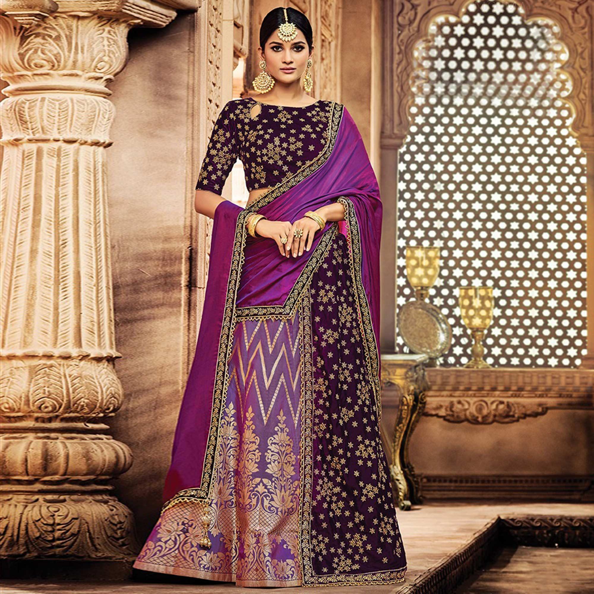 Alluring Purple Colored Designer Embroidered Wedding Wear Jacquard Silk-Velvet Lehenga Saree - Peachmode