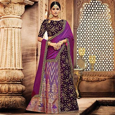 Alluring Purple Colored Designer Embroidered Wedding Wear Jacquard Silk-Velvet Lehenga Saree - Peachmode