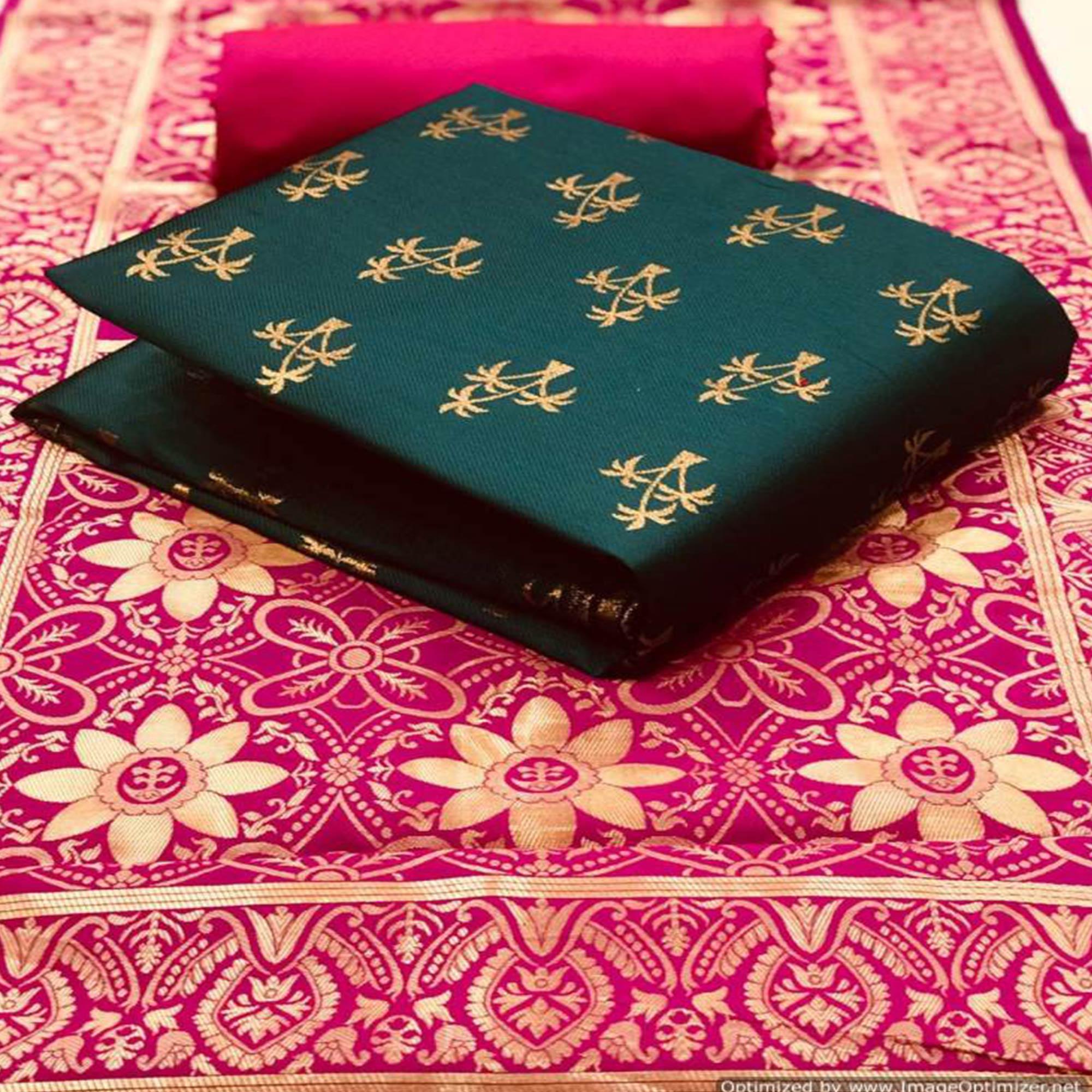Alluring Rama Colored Casual Wear Banarasi Silk Dress Material - Peachmode