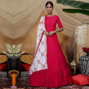 Alluring Rani Pink Colored Partywear Embroidered Georgette Anarkali Suit - Peachmode