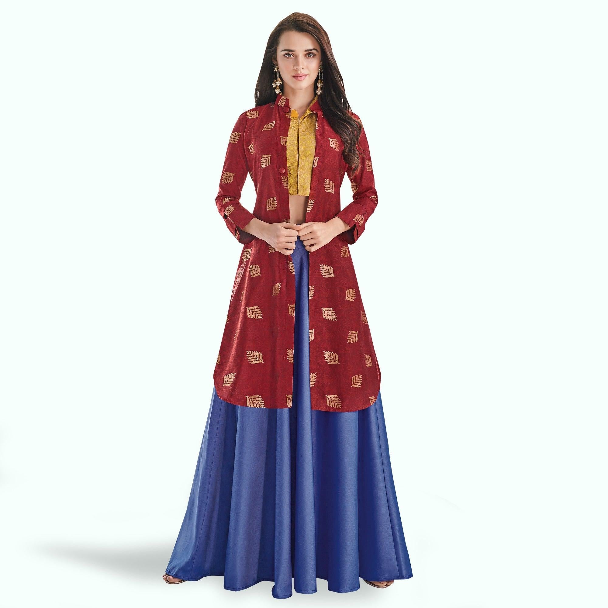 Alluring Red-Blue Colored Partywear Printed Art Silk Lehenga With Koti - Peachmode