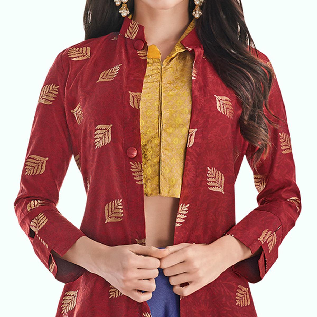 Alluring Red-Blue Colored Partywear Printed Art Silk Lehenga With Koti - Peachmode