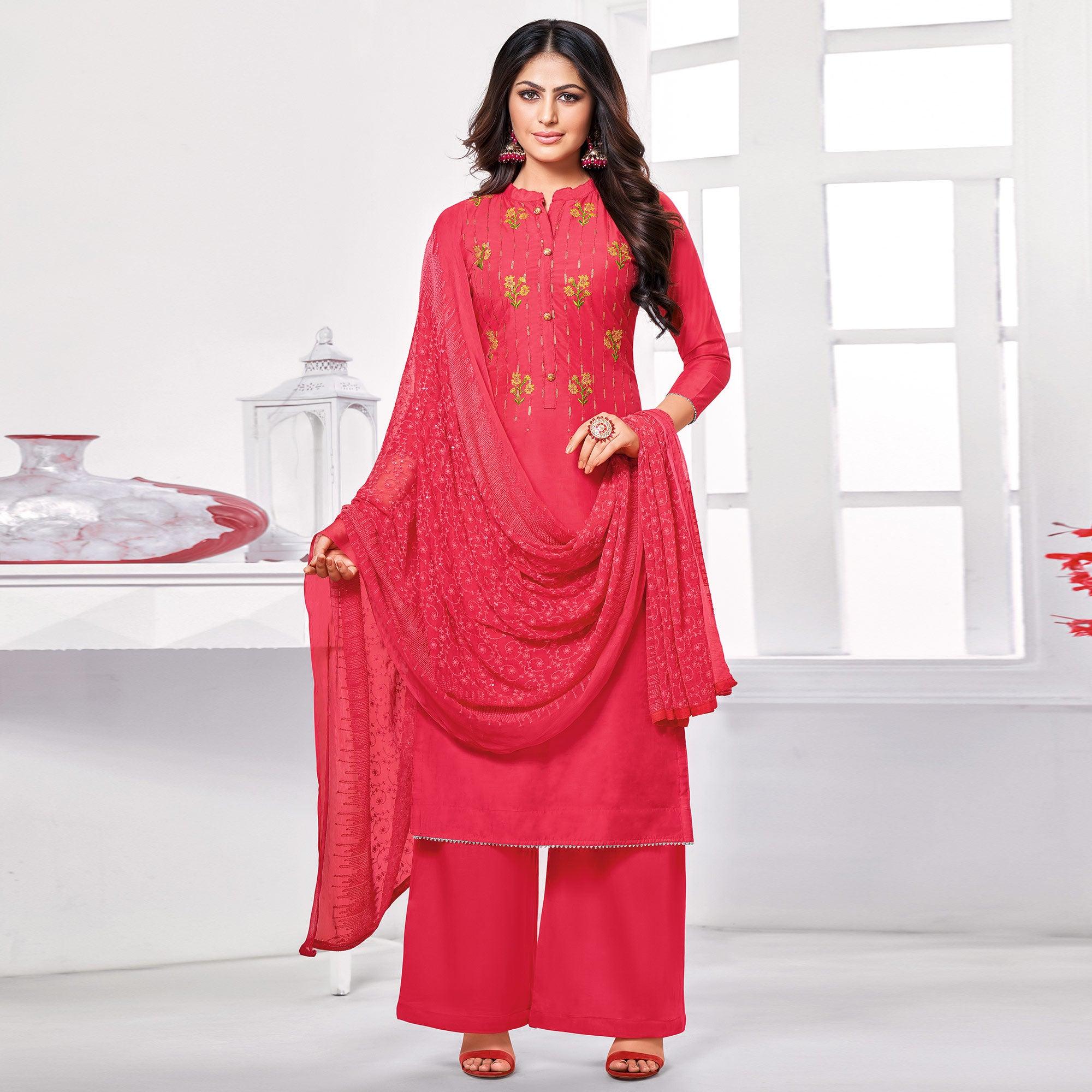 Alluring Red Colored Partywear Embroidered Cotton Dress Material - Peachmode